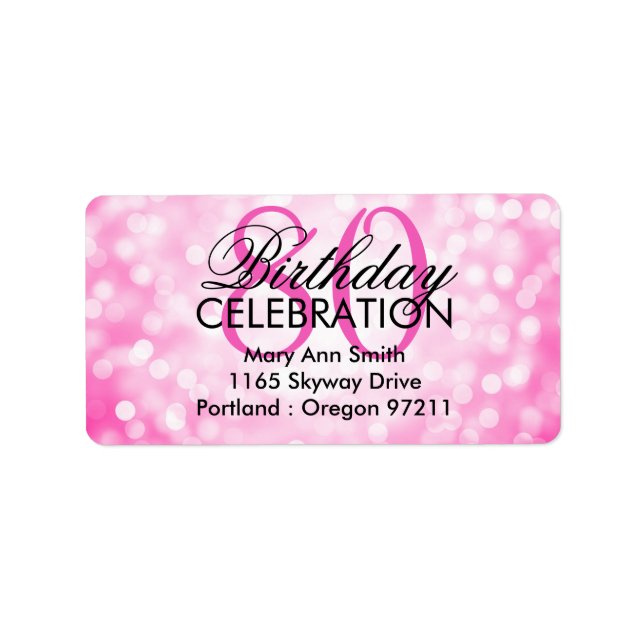 Address 80th Birthday Party Pink Glitter Lights Label (Front)