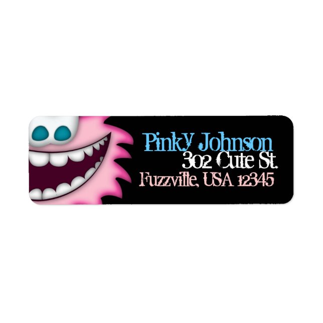 Address Label Pink Fuzzy Creature Black Background (Front)