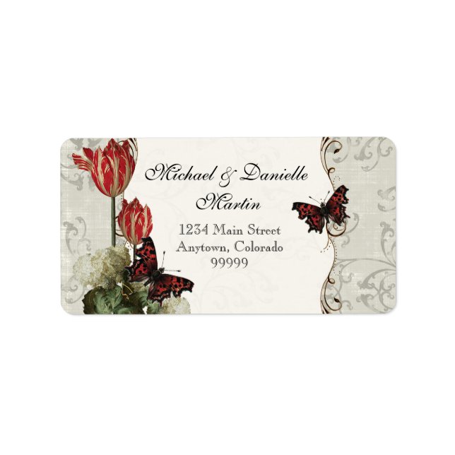 Address Labels - Grey n Cream Red Tulip Damask (Front)