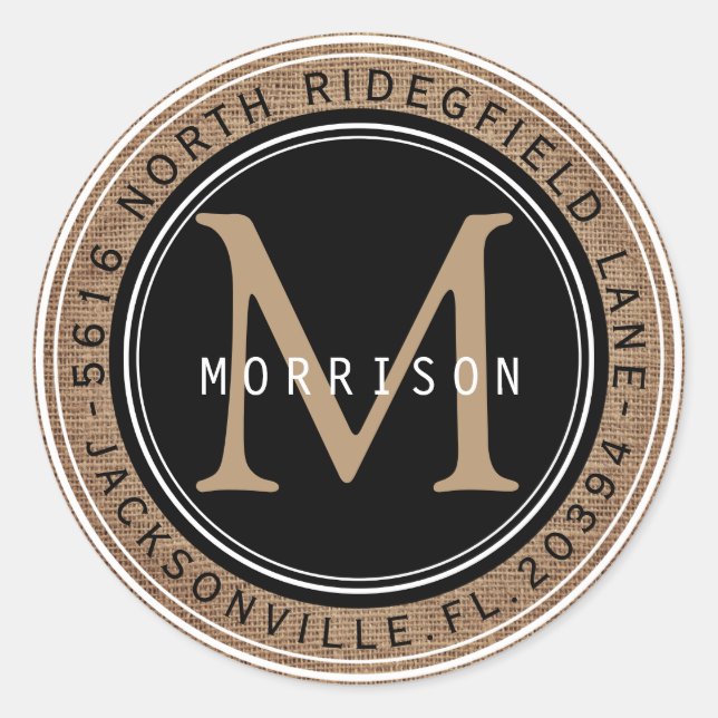 Address, Monogram in a Black and Tan Burlap Classic Round Sticker (Front)