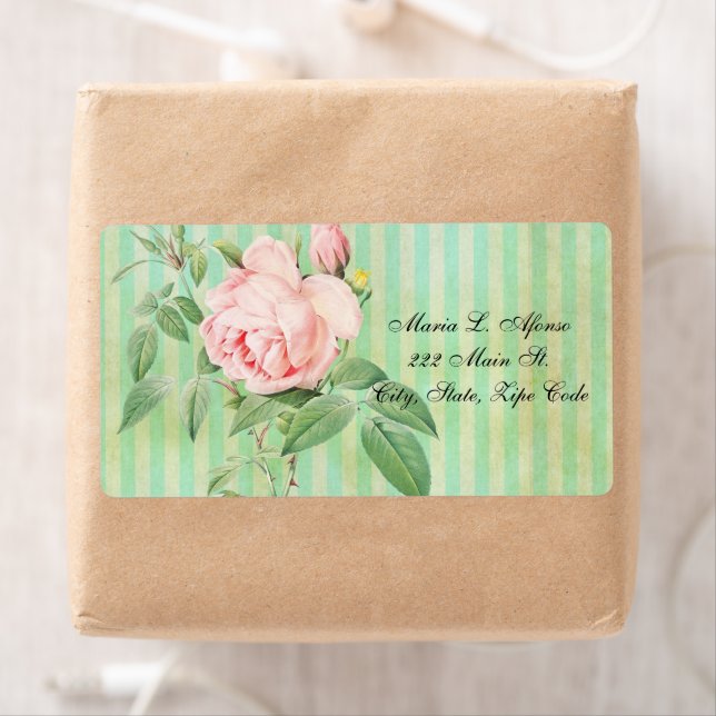 Address Return Labels Pink Rose GreenStripe Floral (Insitu)