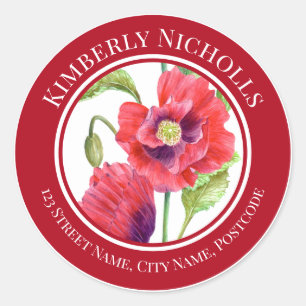 Address Vivid Red Poppies Floral Watercolor Circle Classic Round Sticker