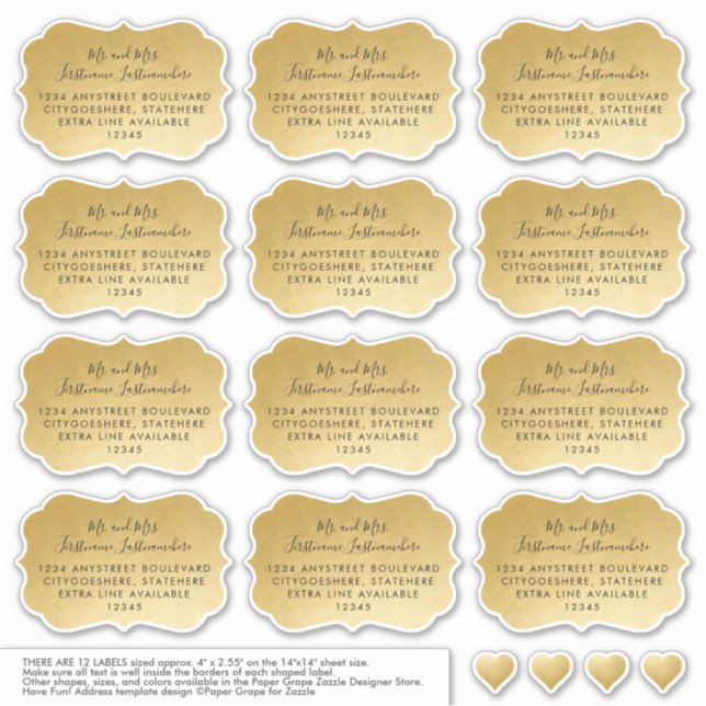 Addressed Guest Mailing Labels Bracket Shape Gold (Front)
