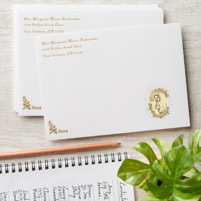 Addressed Virgin Mary Sepia Catholic Wedding  Envelope (Stacked)