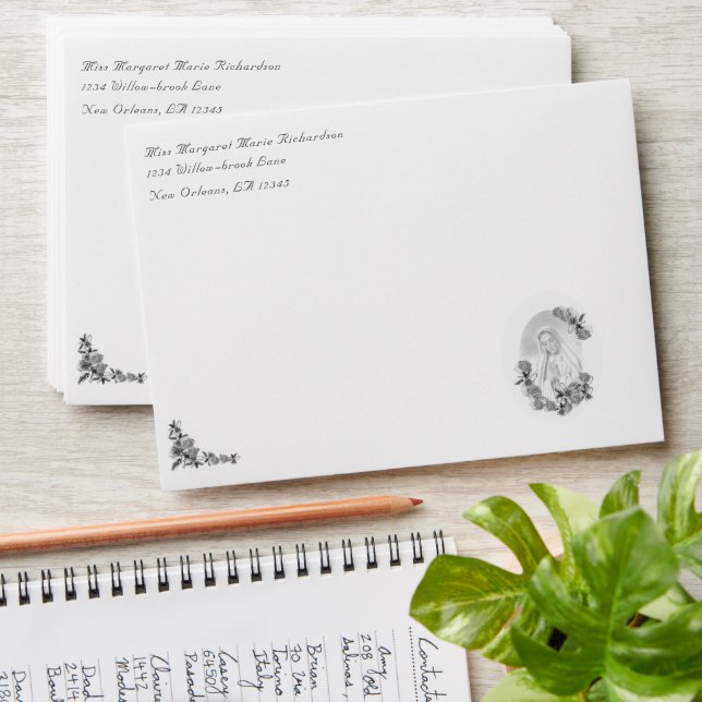 Addressed Virgin Mary Silver Catholic Wedding  Envelope (Stacked)