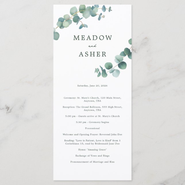 Adelaide Watercolor Eucalyptus Wedding Program Programme (Front)