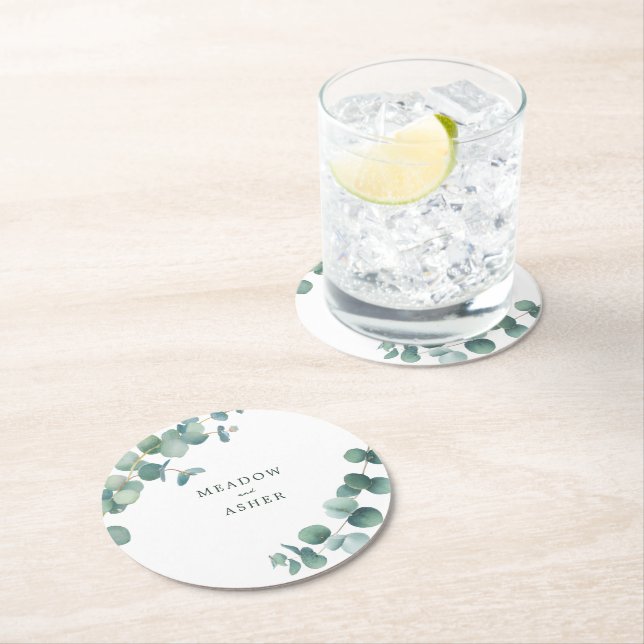 Adelaide Watercolor Eucalyptus Wedding Round Paper Coaster (Insitu)