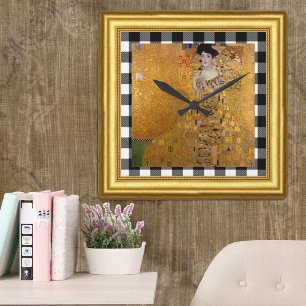 Adele Lady in Gold, Gustav Klimt Framed, Chequered Square Wall Clock