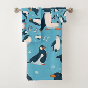 Adelie Penguin Pastel Colorful Pattern Bath Towel Set