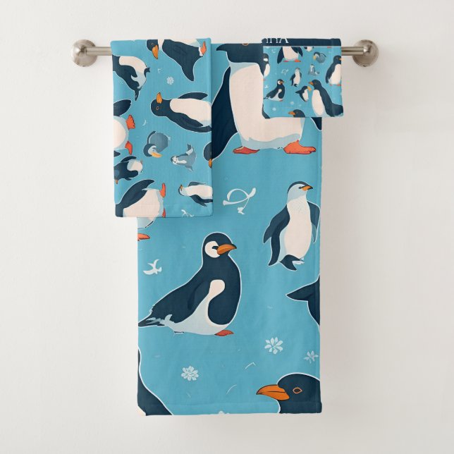 Adelie Penguin Pastel Colourful Pattern Bath Towel Set (Insitu)