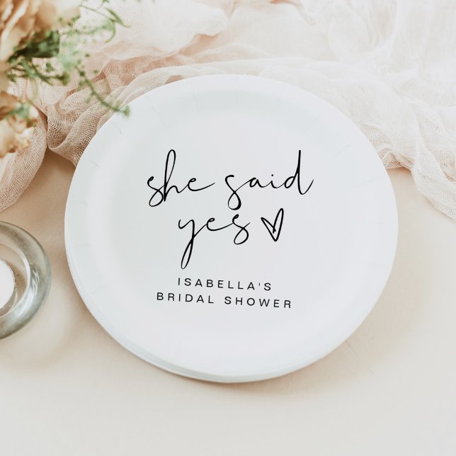 ADELLA Modern Minimal She Said Yes Bridal Shower Paper Plate (Creator Uploaded)