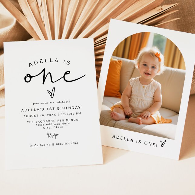 ADELLA Modern Minimalist One Photo 1st Birthday Invitation (Creator Uploaded)