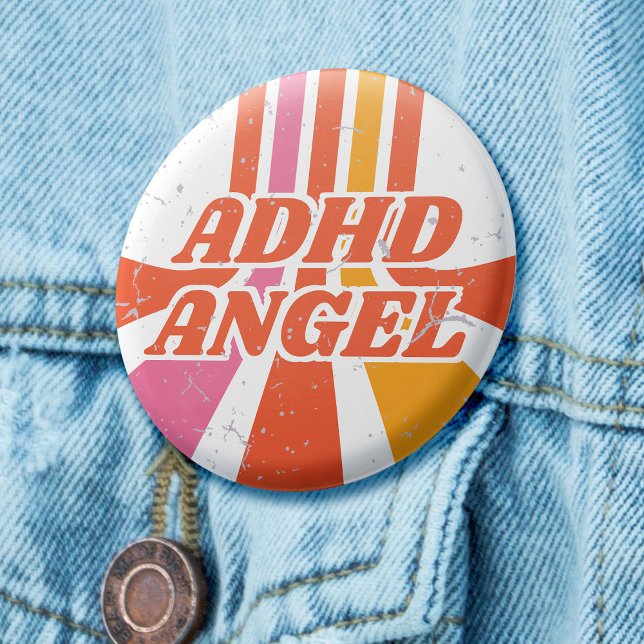 ADHD Angel Orange 70s Retro Mental Health 3 Cm Round Badge (Retro 70s badge with orange and yellow lines, and the text 'ADHD Angel')