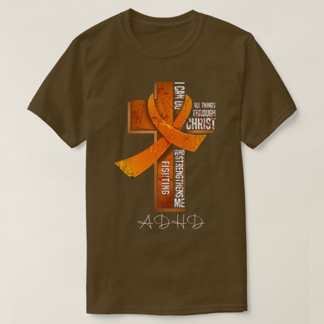 ADHD Awareness Orange Ribbon Christian Cross147  T-Shirt (Design Front)