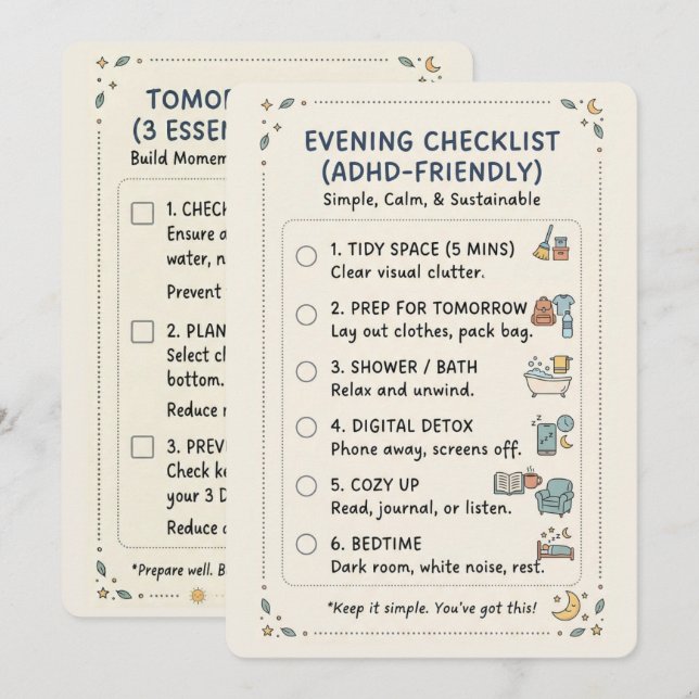 ADHD Evening Routine Checklist Simple Calming Card (Front/Back)
