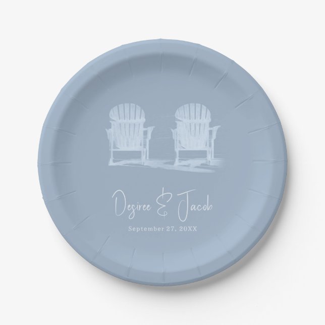 Adirondack Beach Chairs Dusty Blue White Rustic Paper Plate (Front)