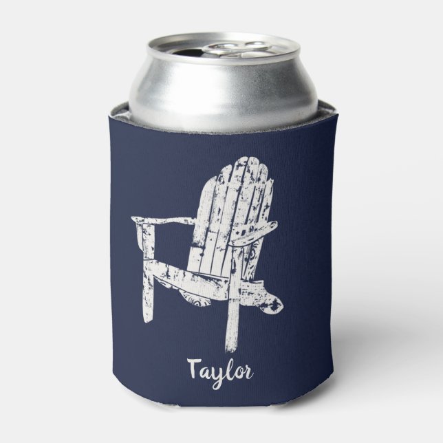 Adirondack Chair White and Navy Blue Personalised Can Cooler (Can Front)
