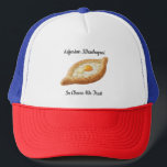 Adjarian Khachapuri Trucker Hat<br><div class="desc">Adjarian Khachapuri is a traditional Georgian dish from the region of Adjara, located along the Black Sea coast of Georgia. It is a boat-shaped bread made from soft yeast dough, filled with melted cheese, and topped with a fresh egg yolk and a slice of butter. Before eating, the egg and...</div>