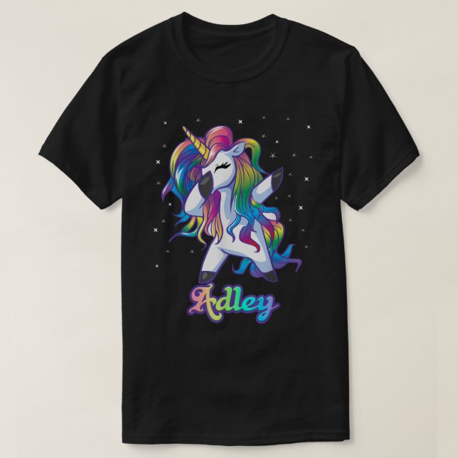 ADLEY Name Personalised Custom Rainbow Unicorn Dab T-Shirt (Design Front)