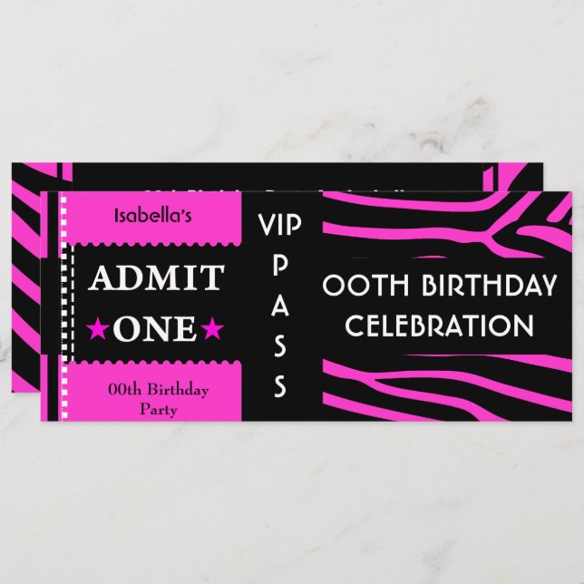 Admission Birthday Party Zebra Hot Pink Black Invitation (Front/Back)