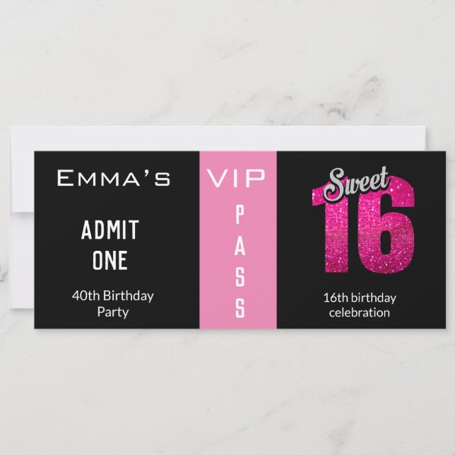 Admission Ticket 16th Birthday Party Pink & Black Invitation (Front)