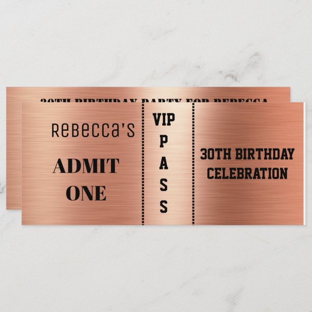 Admission Ticket Birthday Party Black Rose Gold  Invitation (Front/Back)