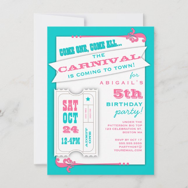 Admit One Carnival Girl Birthday Party Invitation (Front)