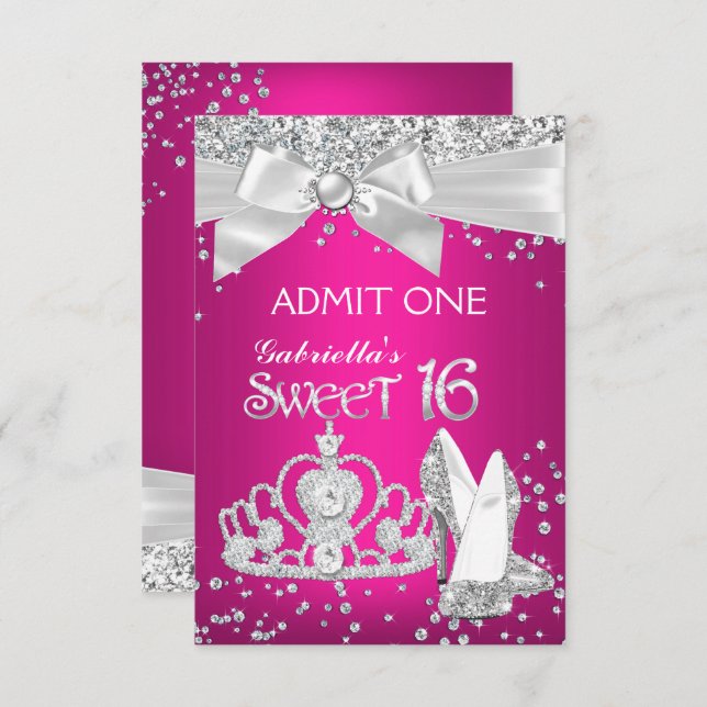 Admit Sparkle Tiara Heels Sweet 16 Hot Pink Invitation (Front/Back)