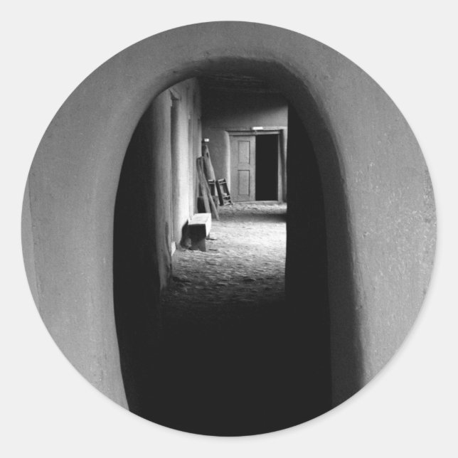 Adobe Doorway Architecture Black & White Photo Classic Round Sticker (Front)