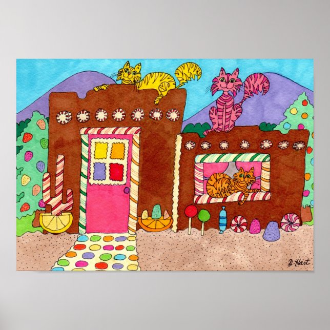 Adobe Gingerbread House With Cats Folk Art Poster (Front)