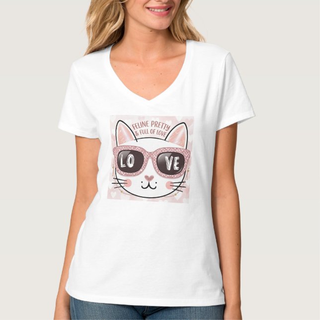 ADOM "Feline Pretty" Cat Women's V-Neck Tee (Front)