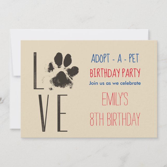 Adopt-A- Pet Birthday Party Paw Print Invitation (Front)