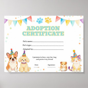 Adopt a pet colouring certificate poster
