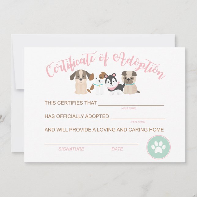Adopt a Puppy Birthday Certificate of adoption Card (Front)