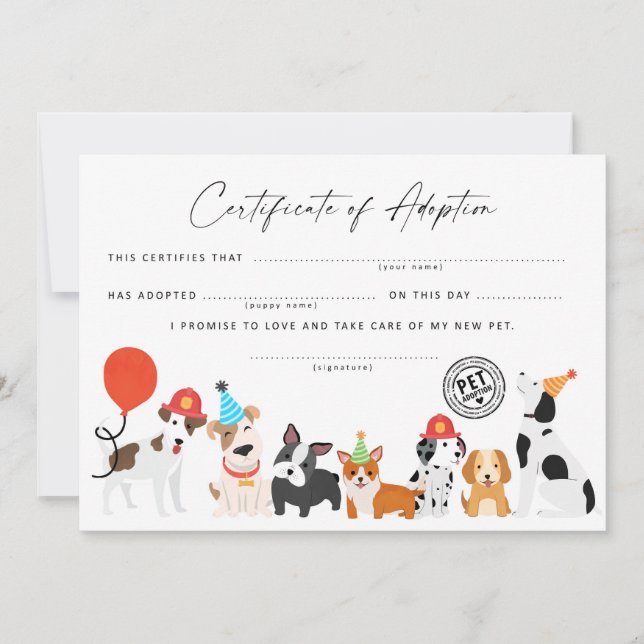 Adopt a Puppy Birthday Certificate of adoption Invitation (Front)