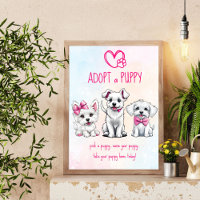 Adopt a puppy party sign cute white pink puppies
