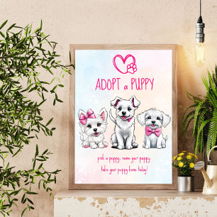 Adopt a puppy party sign cute white pink puppies