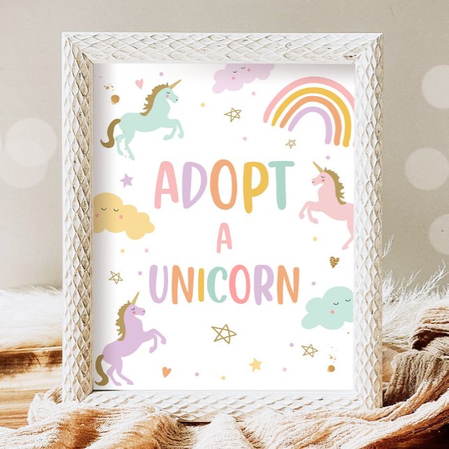 Adopt a Unicorn Pastel Rainbow Girl Birthday Party Poster (Creator Uploaded)