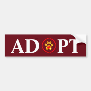 Adopt calligraphy with pet paw & hearts on maroon bumper sticker
