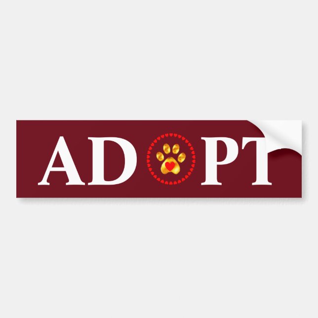 Adopt calligraphy with pet paw & hearts on maroon bumper sticker (Front)