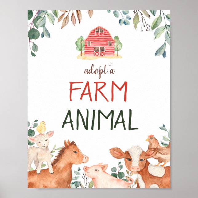 Adopt Farm Animal Sign Petting Zoo party (Front)