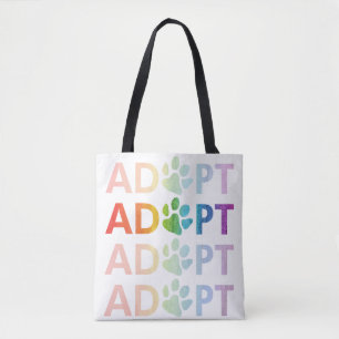 Adopt Paw Stacked Text Rainbow Tote Bag