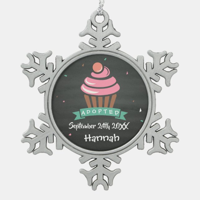 Adopted Cupcake - Custom Name Date Snowflake Pewter Christmas Ornament (Front)