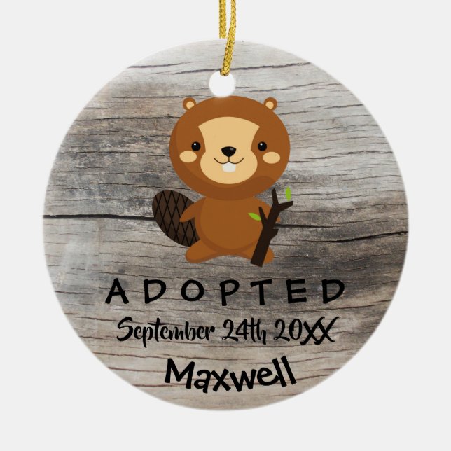 Adopted - Customised Beaver Adoption Gift Ceramic Tree Decoration (Front)