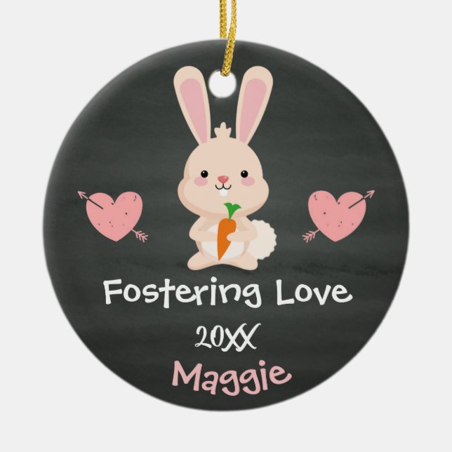 Adopted - Customised Pink Bunny Foster Care Gift Ceramic Tree Decoration (Front)