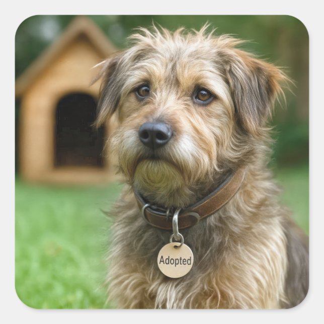 Adopted Scruffy Dog With Doghouse Square Sticker (Front)