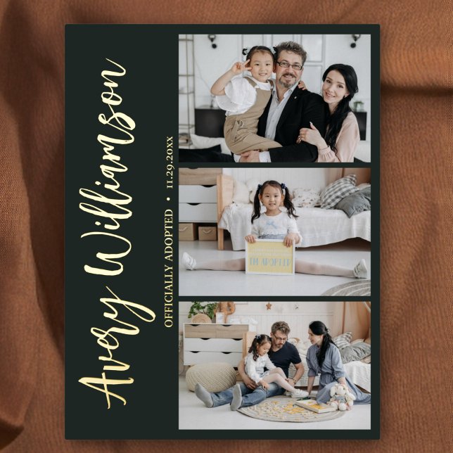 Adoption Announcement Modern 3 Photo Foil Postcard (Creator Uploaded)