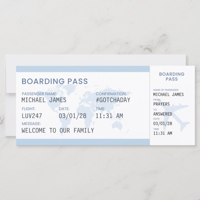 Adoption Boarding Pass Keepsake Card (Front)