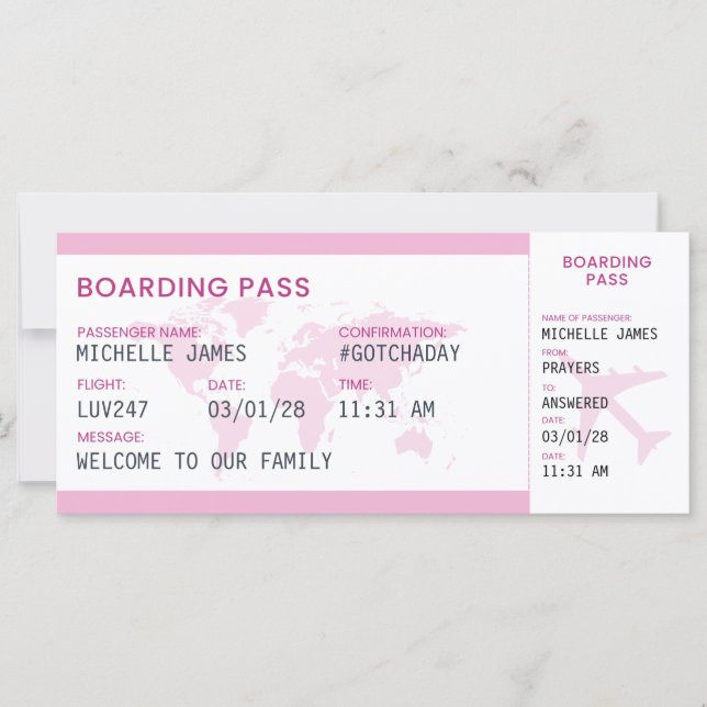 Adoption Boarding Pass Keepsake Card (Front)