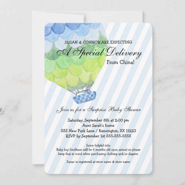 Adoption Boy Baby Shower, blue hot air balloon Invitation (Front)